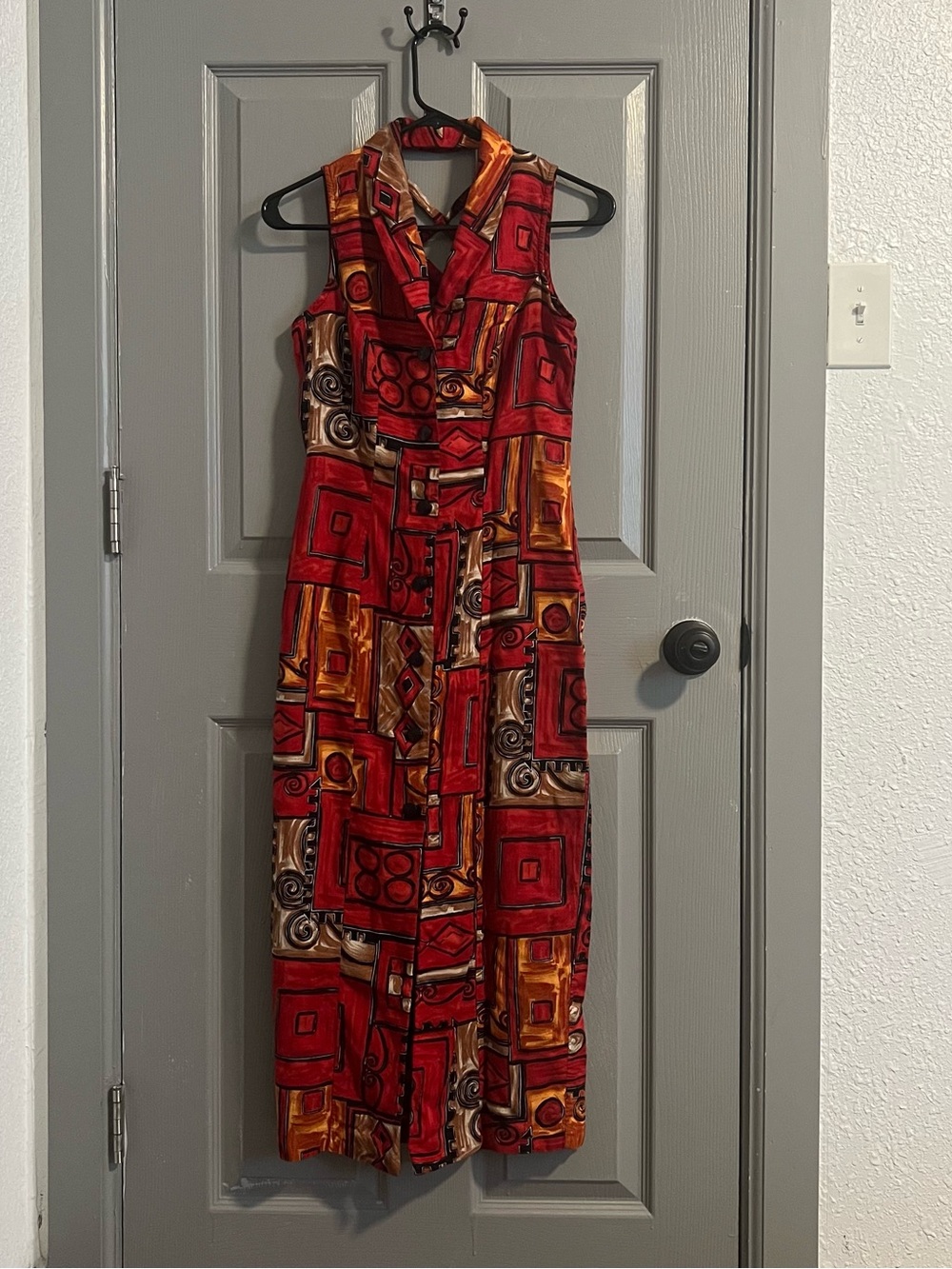 Sport by D.J. Fashions LTD Red Geometric Midi Dress Vintage Button Front